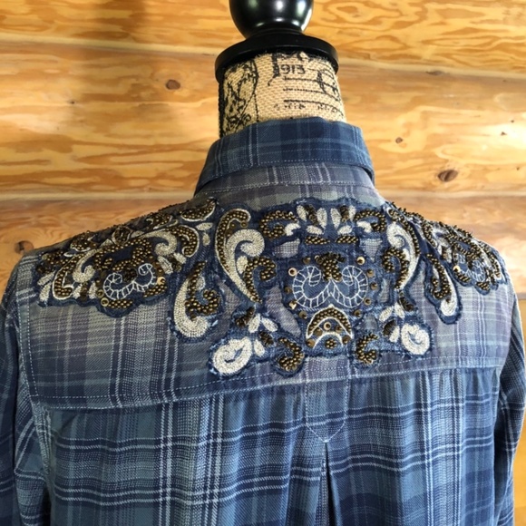 Free People Stevie's Embellished Plaid Shirt Tunic in blue size M - Picture 6 of 11